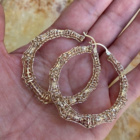 Gold plated large hoop mesh Round Earrings 2” inch - Picture 1 of 7
